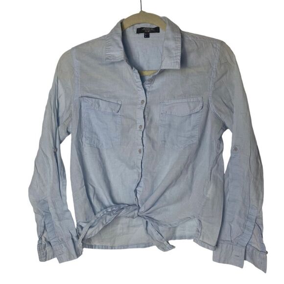 Jennyfer Blue Tie Front Button Down Shirt Women’s Size Small - Picture 2 of 6